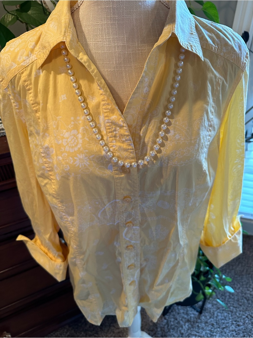 Coldwater Creek Yellow Floral Jacquard Button-Down Shirt